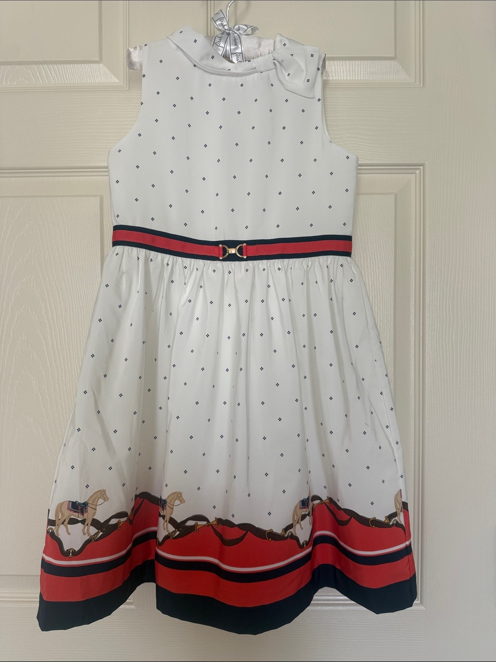Janie and Jack equestrian ivory Dress with Red and Navy Trim